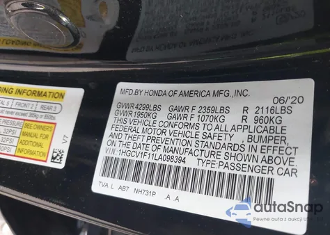 2020 Honda Accord Lx from USA, damaged, VIN 1HGCV1F11LA098394